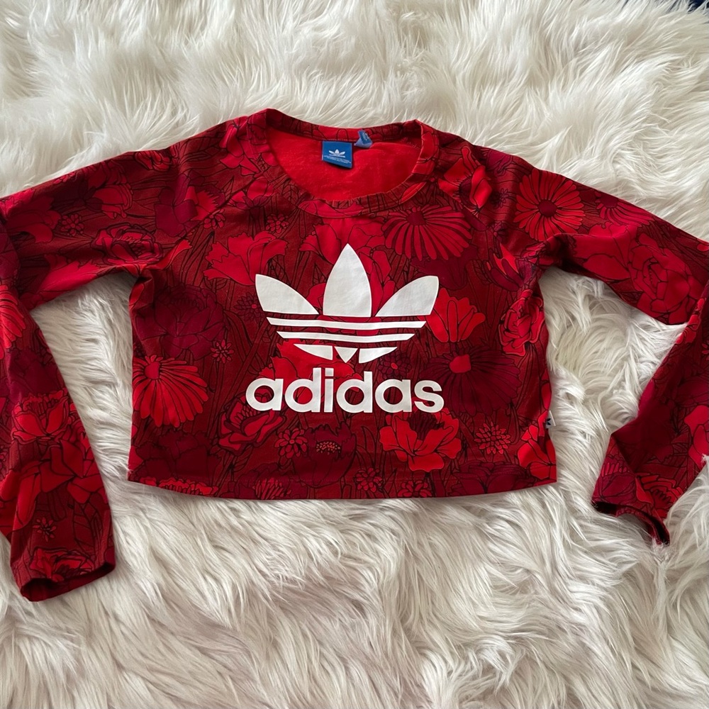 Adidas Long Sleeve Red Floral Crop Top Size M